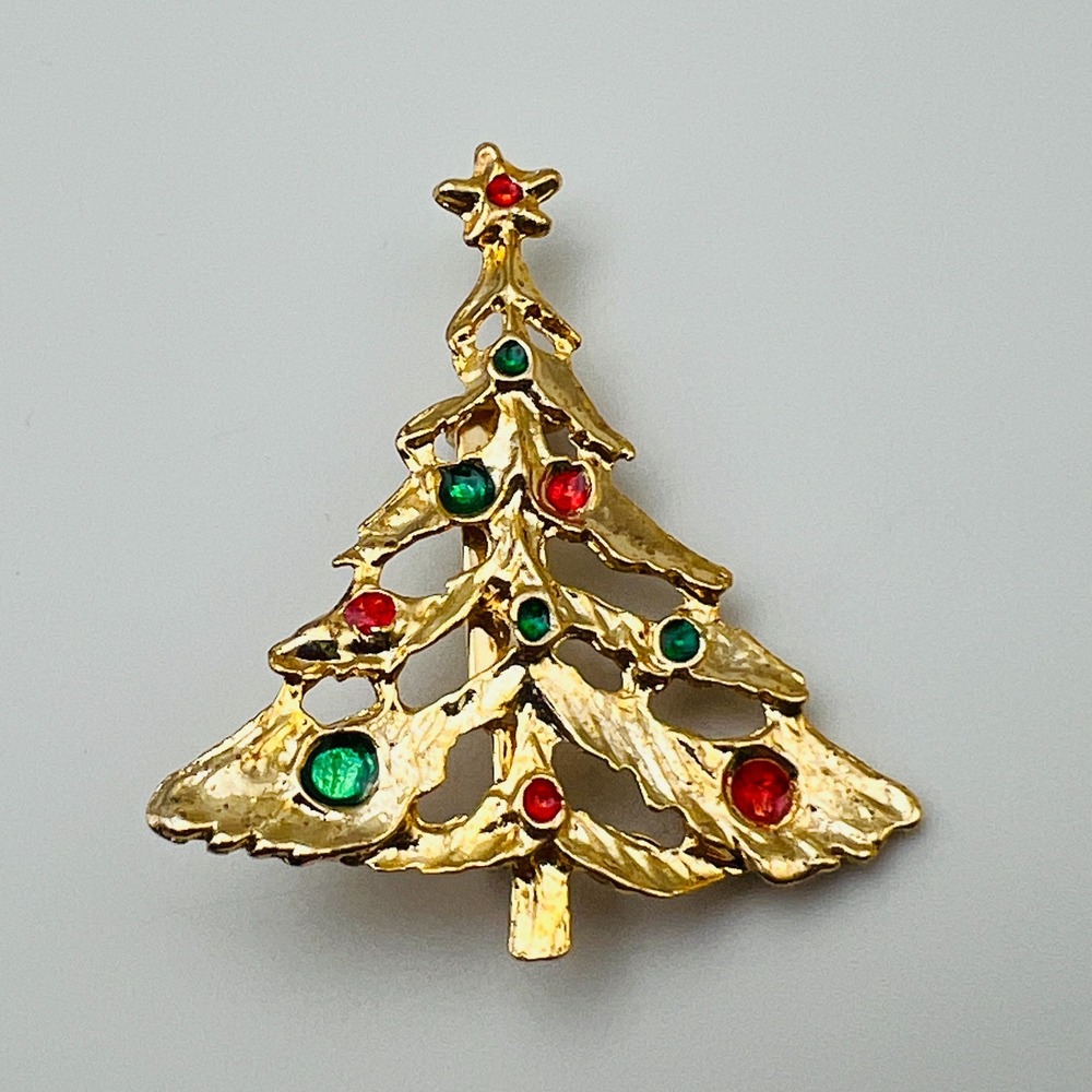Christmas Tree Brooch Pin Holiday Red Green Enamel Gold Tone Vintage Brooch